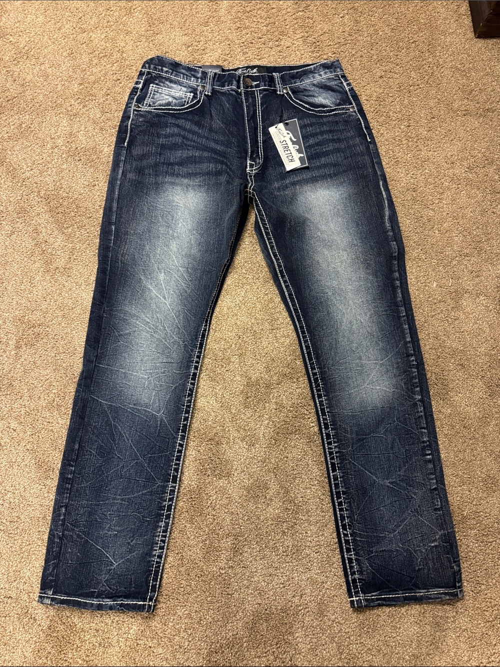 New Men’s True Luck Relaxed Straight Dark Wash Distressed Jeans, Sz 34/32